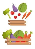 Vegetables vector and wooden basket with vegetables farm flat icon style vector