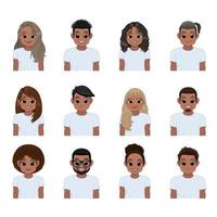 Set of young black people in white t-shirts isolated. Collection of African American girl and boy, Vector illustration in a flat style.
