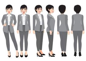 Cartoon character with business woman in grey smart suit for animation. Front, side, back, 3-4 view character. Flat vector illustration