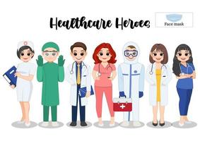 héroes del cuidado de la salud, ilustración de personajes de médicos y enfermeras y vector de elemento de máscaras faciales