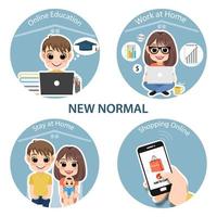 New normal lifestyle concept. after the coronavirus or covid-19 causing the way of life. Online Education, Work at Home, Stay at Home and Shopping Online infographic template vector