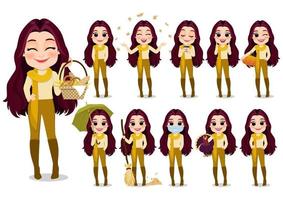 Collection of Autumn girl cartoon character outdoor activities with yellow sweater and scarf, isolated cartoon on white background vector illustration