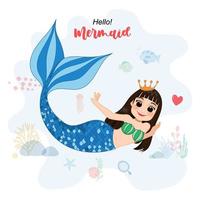 Cartoon Character with cute mermaid and sea life vector