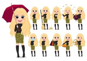 Collection of Autumn girl cartoon character outdoor activities with black sweater and leopard pattern skirt , Honey blonde hair, isolated cartoon on white background vector illustration