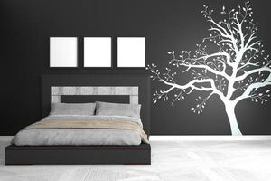 Black modern room - concept black wall graphic - bedroom black wall and white floor. 3D rendering photo