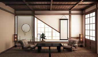 Diseño de interiores, living moderno con mesa baja, sillones, bonsai y decoración estilo japonés. Representación 3d foto