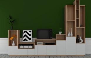 Tv on cabinet in modern empty room,Dark green wall on wooden floor, 3d rendering photo