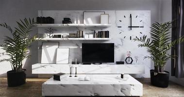 modern Tv on granite cabinet shelf in zen room interior background 3d rendering photo