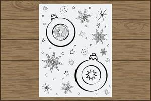 snowflakes and Christmas balls drawn with a contour on a piece of paper lying on a wooden background vector