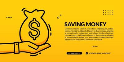 Asimiento de la mano bolsa de dinero sobre fondo amarillo, concepto de ahorro de dinero vector