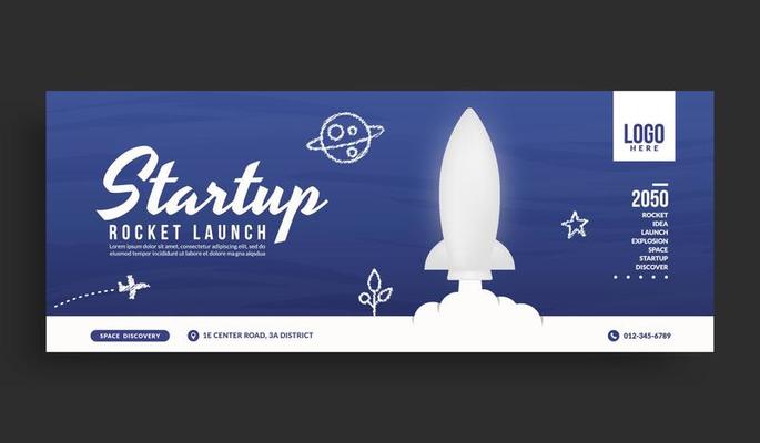 White rocket launching to space social media cover banner template, Business startup background