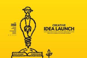 Rocket with light bulb launching out of the book background, Creative ideas and innovation start up concept vector