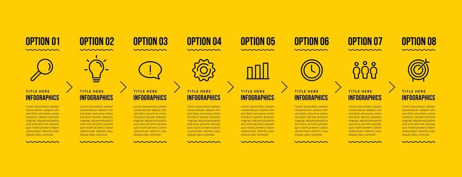 Business infographic template design with 8 options, Business data visualization steps concept, Thin line icons style on yellow background vector