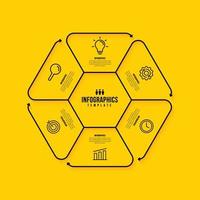 Hexagon infographic template design with multiple options, Business data visualization steps concept, Thin line icons style on yellow background vector