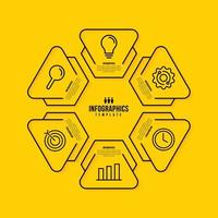 Diseño de plantilla de infografía hexagonal con múltiples opciones, concepto de pasos de visualización de datos comerciales, estilo de iconos de línea delgada sobre fondo amarillo vector