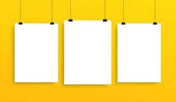 Collection of vertical hanging poster mockup, white blank sheets template on yellow wall vector