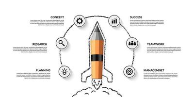Realistic pencil spaceship launching infographic with multiple options, Welcome back to school background