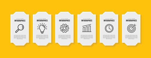 Workflow infographic template design with 6 options on yellow background, Business data visualization concept vector