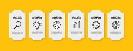 Workflow infographic template design with 6 options on yellow background, Business data visualization concept vector