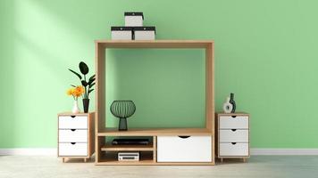 Cabinet Mockup on green wall in japanese living room. 3d rendering photo
