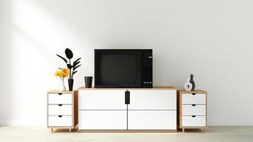 Maqueta de Smart TV con pantalla negra en blanco colgada en la decoración del gabinete, sala de estar de estilo japonés. Representación 3d foto