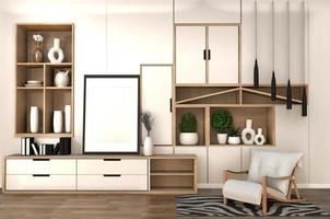 wooden cabinet on room shelf wall minimalist and japanese interior of zen living room.3d rendering photo