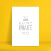 Isolated vertical poster mockup, white blank sheet template on minimal yellow scene vector