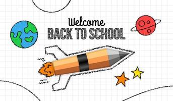lanzamiento de cohete de lápiz realista sobre papel blanco, bienvenido de nuevo a la escuela fondo de doodle vector