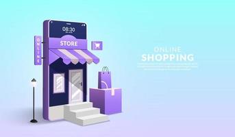 concepto de compras en línea en el sitio web y la aplicación móvil, teléfono inteligente 3d en forma de mini tienda con bolsa de compras vector
