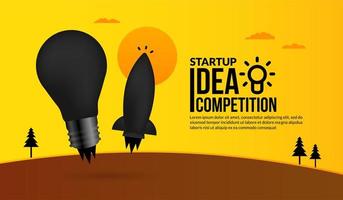 Rocket launching with light bulb on yellow background, concept of business startup idea competition vector