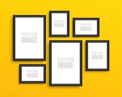 Photo frames collection on yellow wall for design prints, Blank gallery mockup portfolio, isolated vector
