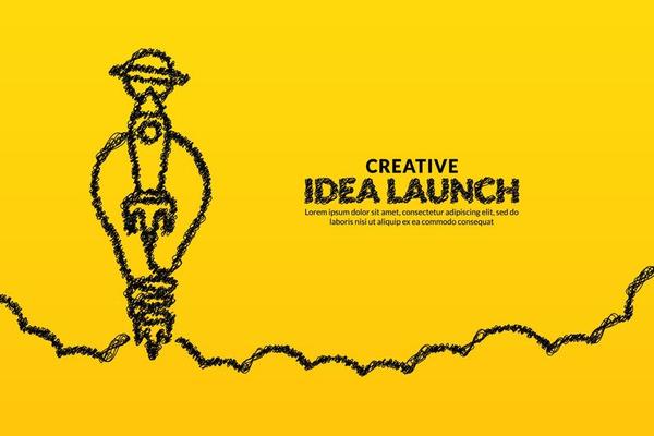 Creative ideas and innovation with light bulb rocket launching to space background, Start up idea concept