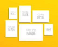 Paper sheets collection on yellow wall, empty photo frame gallery for your design printing, isolated poster mockup vector