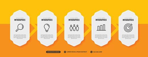 Plantilla de infografía de 5 opciones sobre fondo amarillo, flujo de trabajo empresarial con concepto de varios pasos vector