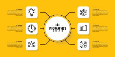 Diseño de plantilla de infografía de flujo de trabajo con 6 opciones sobre fondo amarillo, concepto de visualización de datos comerciales vector