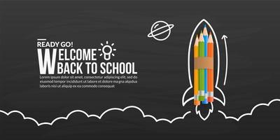 Colour pencils rocket launching with doodles on blackboard, welcome back to school background vector