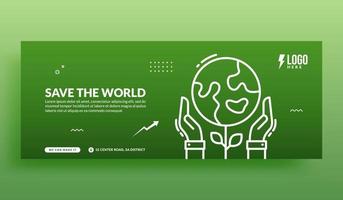 Save the world social media cover banner template, Hand hold earth plant on green background vector