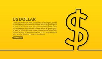 Diseño de línea mínima de moneda dólar estadounidense sobre fondo amarillo, concepto de pago y cambio en línea vector