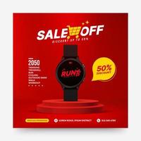 Smart watch sale off isolated on red podium for social media post, pedestal stage for product presentation background vector