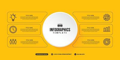 Plantilla de infografía de 6 opciones sobre fondo amarillo, flujo de trabajo empresarial con diseño de línea fina mínima de varios pasos vector