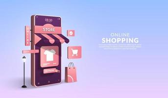 compras en línea en concepto de aplicación móvil, marketing digital en línea, teléfono inteligente 3d en forma de tienda con bolsa de compras vector