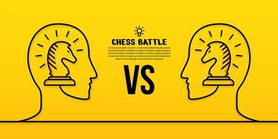 Cabezas humanas con ilustración de ajedrez lineal sobre fondo amarillo, concepto de batalla de estrategia empresarial
