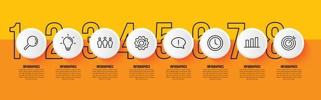 Plantilla de infografía de 8 opciones sobre fondo amarillo, flujo de trabajo empresarial con concepto de varios pasos vector