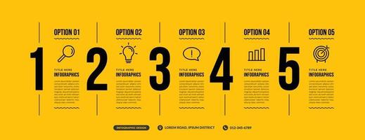 5 options infographic template on yellow background, business workflow with multiple steps in minimal thin line design vector