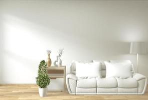 Interior moderno de la sala de estar con sofá y sala de plantas verdes de diseño minimalista japonés. Representación 3d foto