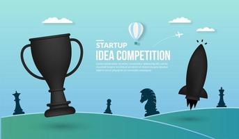 Rocket launching with trophy on blue background, concept of business startup idea competition vector