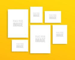 Paper sheets collection on yellow wall, empty photo frame gallery for your design printing, isolated poster mockup