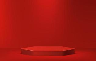 Red podium for product display on minimal scene, empty stage 3D illustration template vector