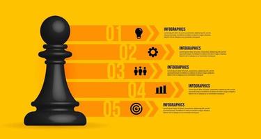 Plantilla de infografía de flujo de trabajo empresarial sobre fondo amarillo, ajedrez realista de estrategia empresarial y concepto de planificación vector