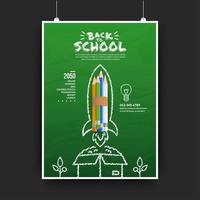 Color pencils rocket launching out of the box, welcome back to school poster vector